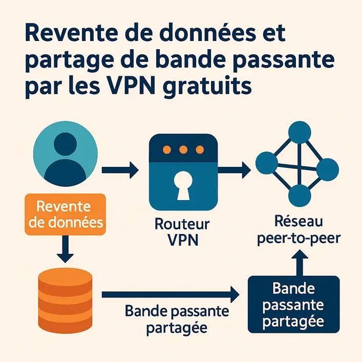 Schéma illustrant la revente de données et le partage de bande passante par les VPN gratuits