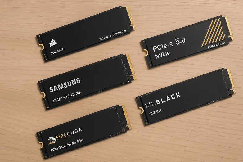 Cinq SSD M.2 NVMe PCIe 5.0 alignés sur un bureau en bois