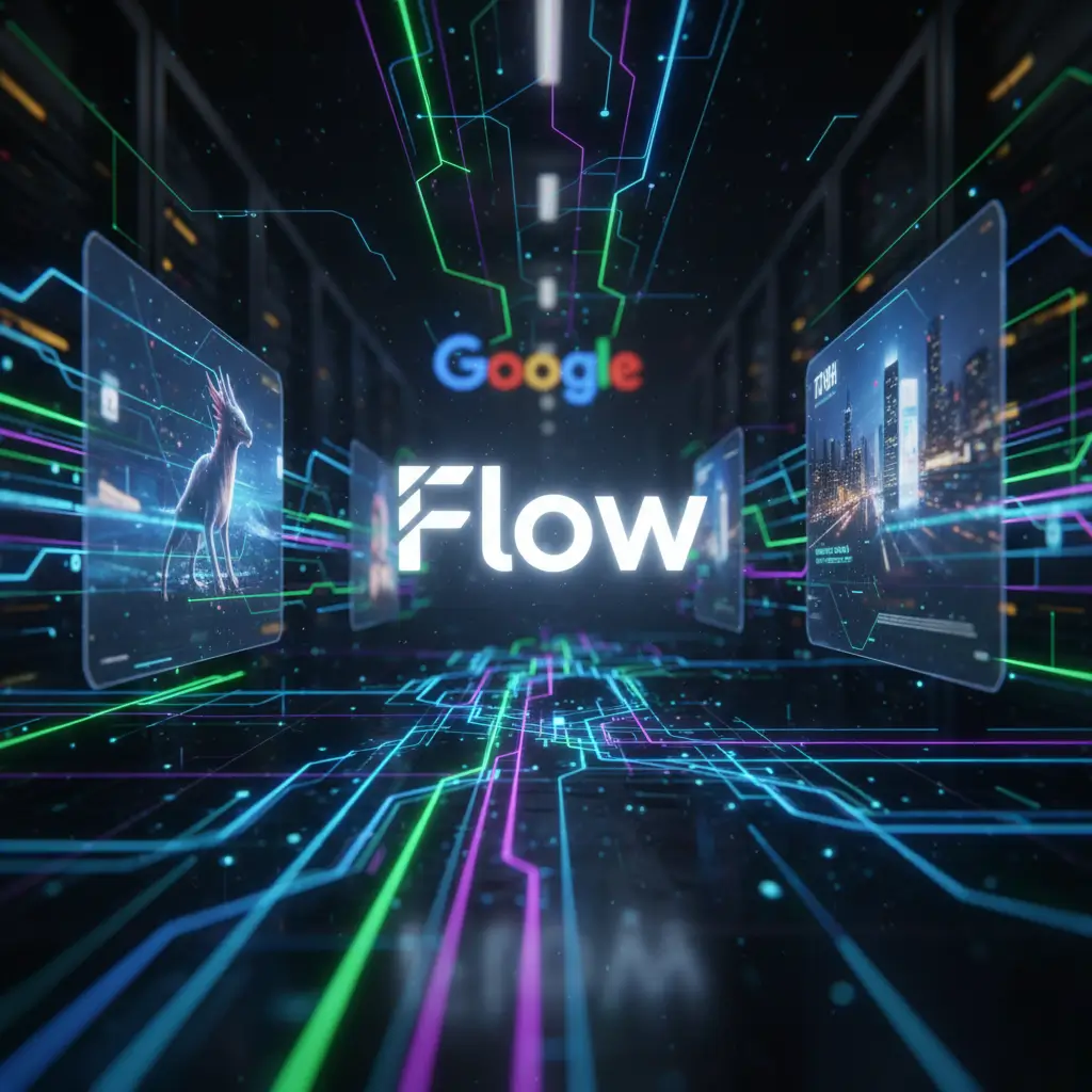 Vue conceptuelle de la technologie Google Flow avec des flux de données dynamiques et interconnectés