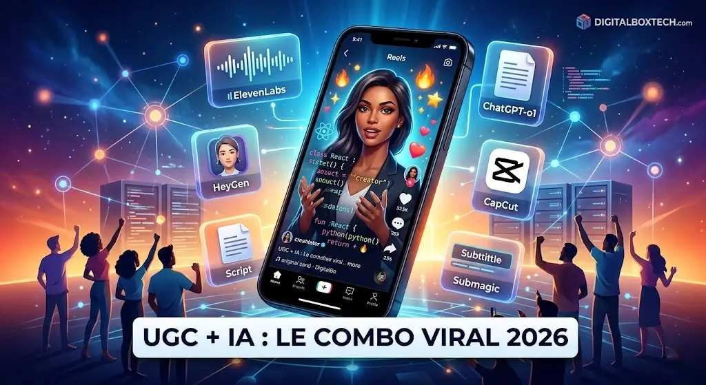 UGC avec l'IA outils et tutoriel création vidéo virale sans visage (faceless) avec le robot DigitalBoxTech