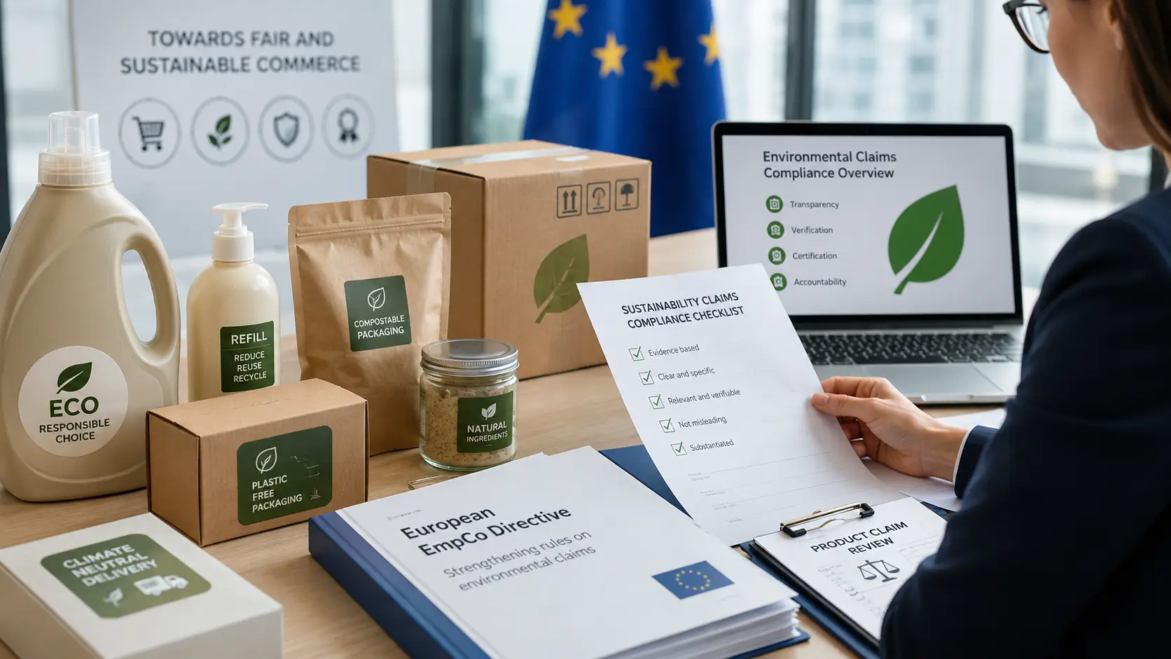 Directive EmpCo 2026 avec contrôle des labels environnementaux, greenwashing et conformité e-commerce