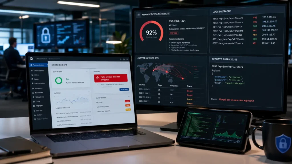 Faille WordPress 2026 WP2Shell avec analyse de sécurité, logs d’attaque et alerte de vulnérabilité