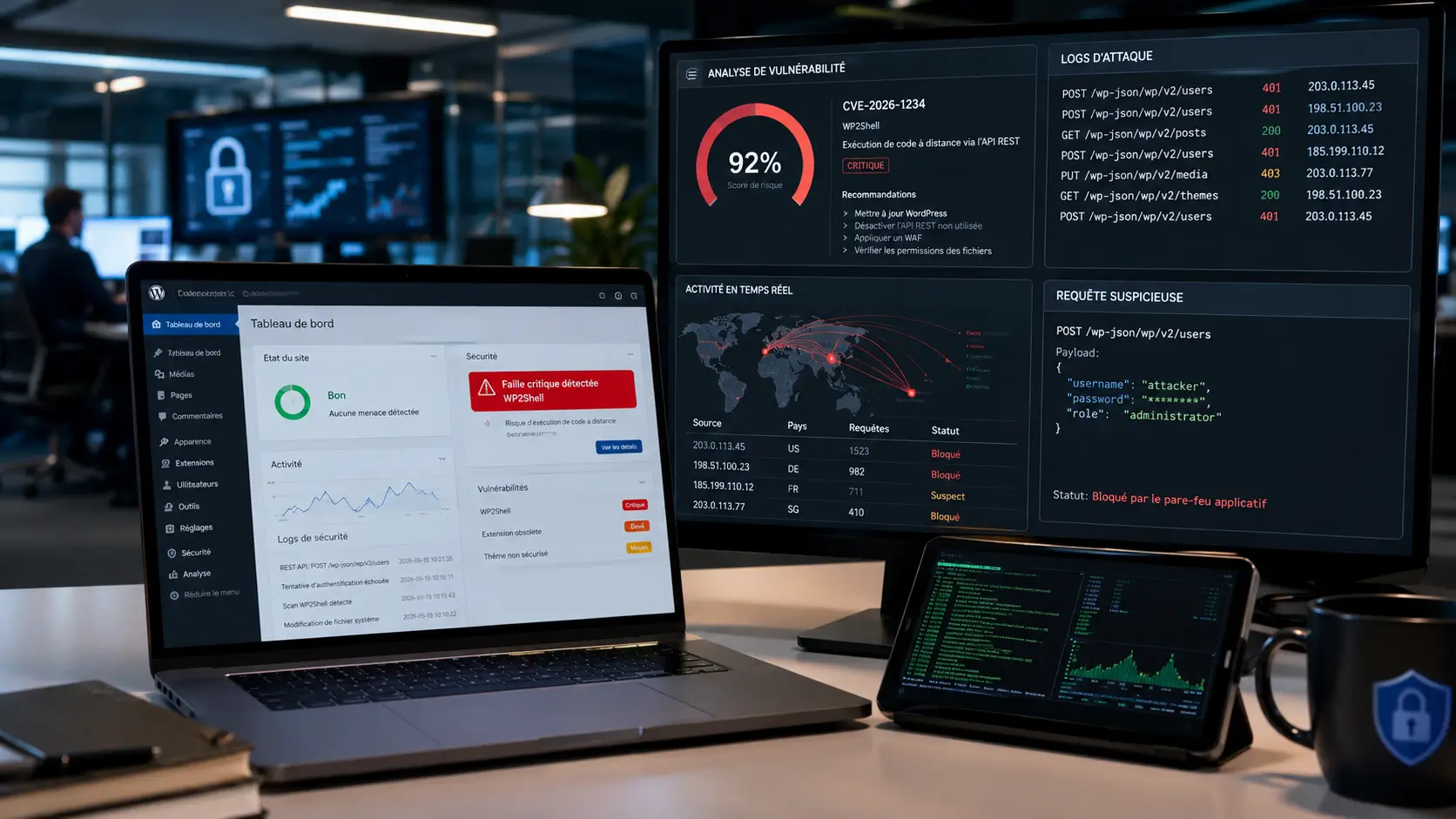Faille WordPress 2026 WP2Shell avec analyse de sécurité, logs d’attaque et alerte de vulnérabilité