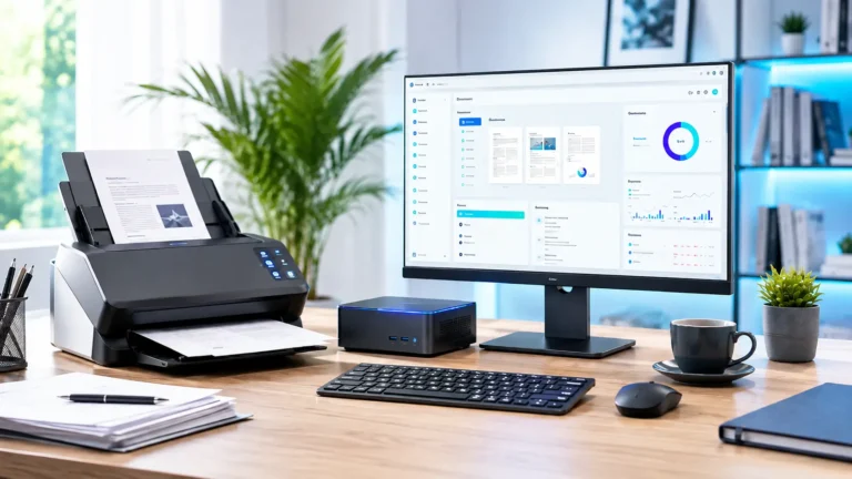 Mini PC IA et scanner de documents installés sur un bureau de télétravail