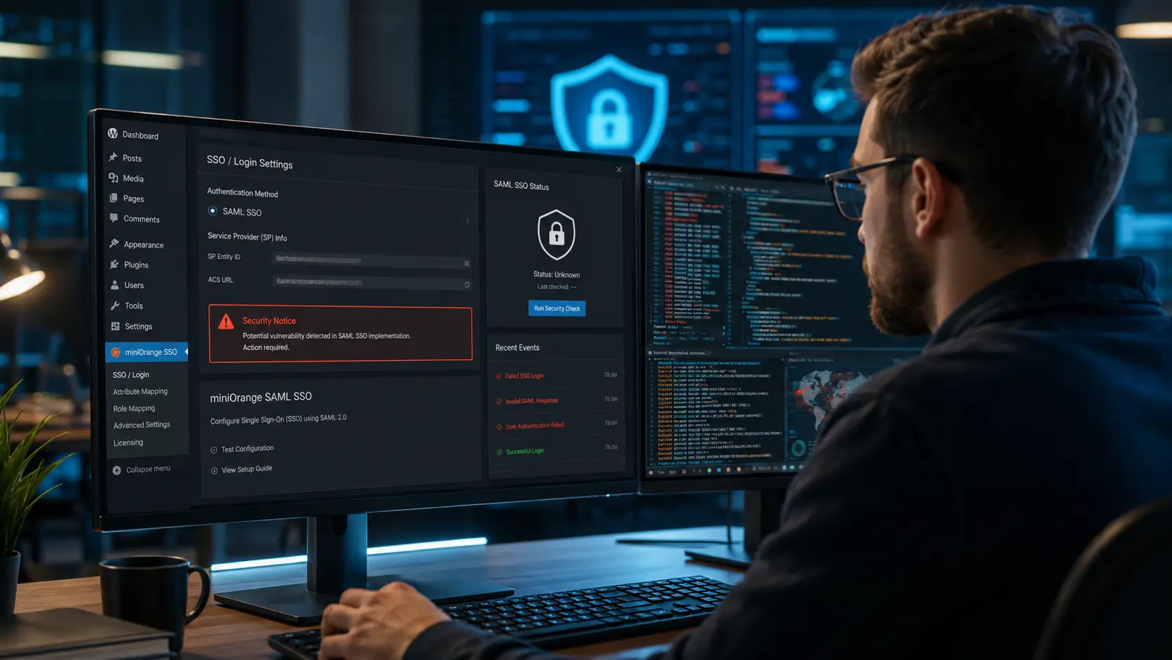 miniOrange SAML WordPress avec alerte de faille de sécurité et contrôle SSO