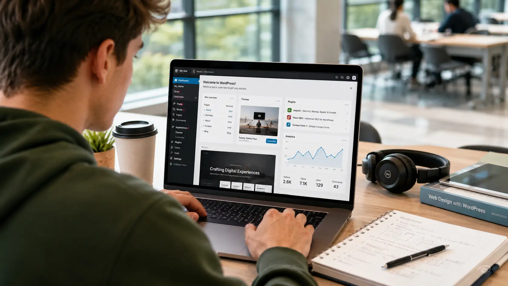 WordPress étudiant gratuit 2026 avec étudiant créant un site web sur ordinateur portable