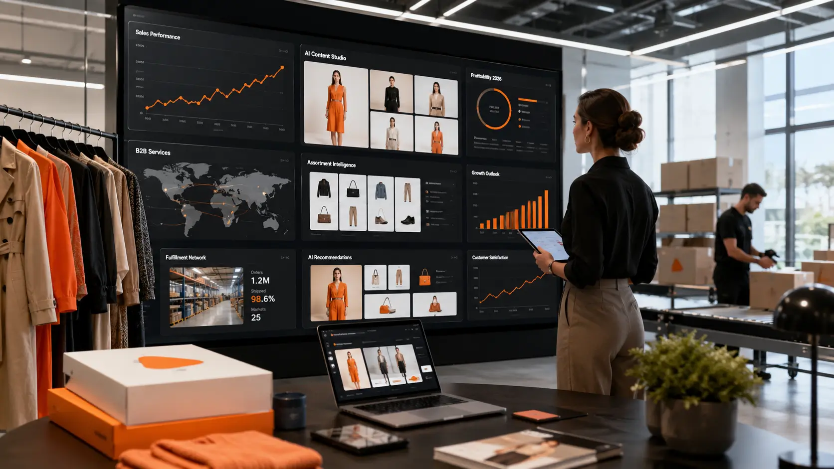 Zalando IA B2B avec tableau de bord e-commerce, recommandations produits et logistique automatisée