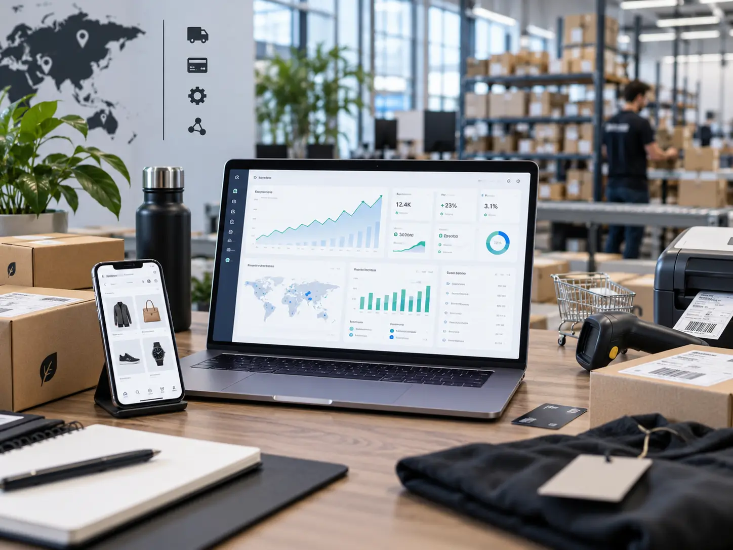 E-commerce scalable avec tableau de bord de croissance, commandes, logistique et suivi des performances