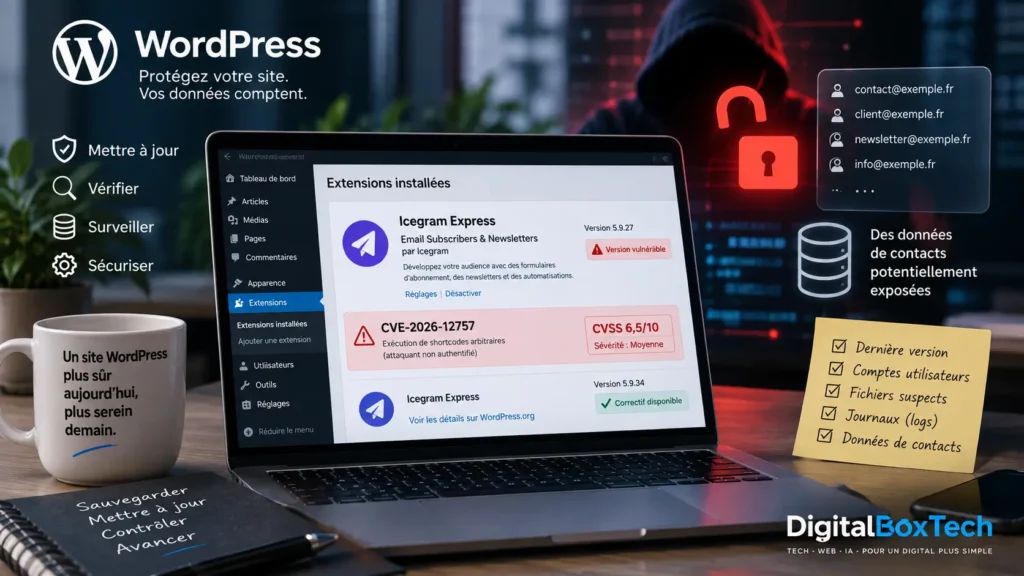 Faille Icegram Express WordPress CVE-2026-12757 et sécurité des données de contacts