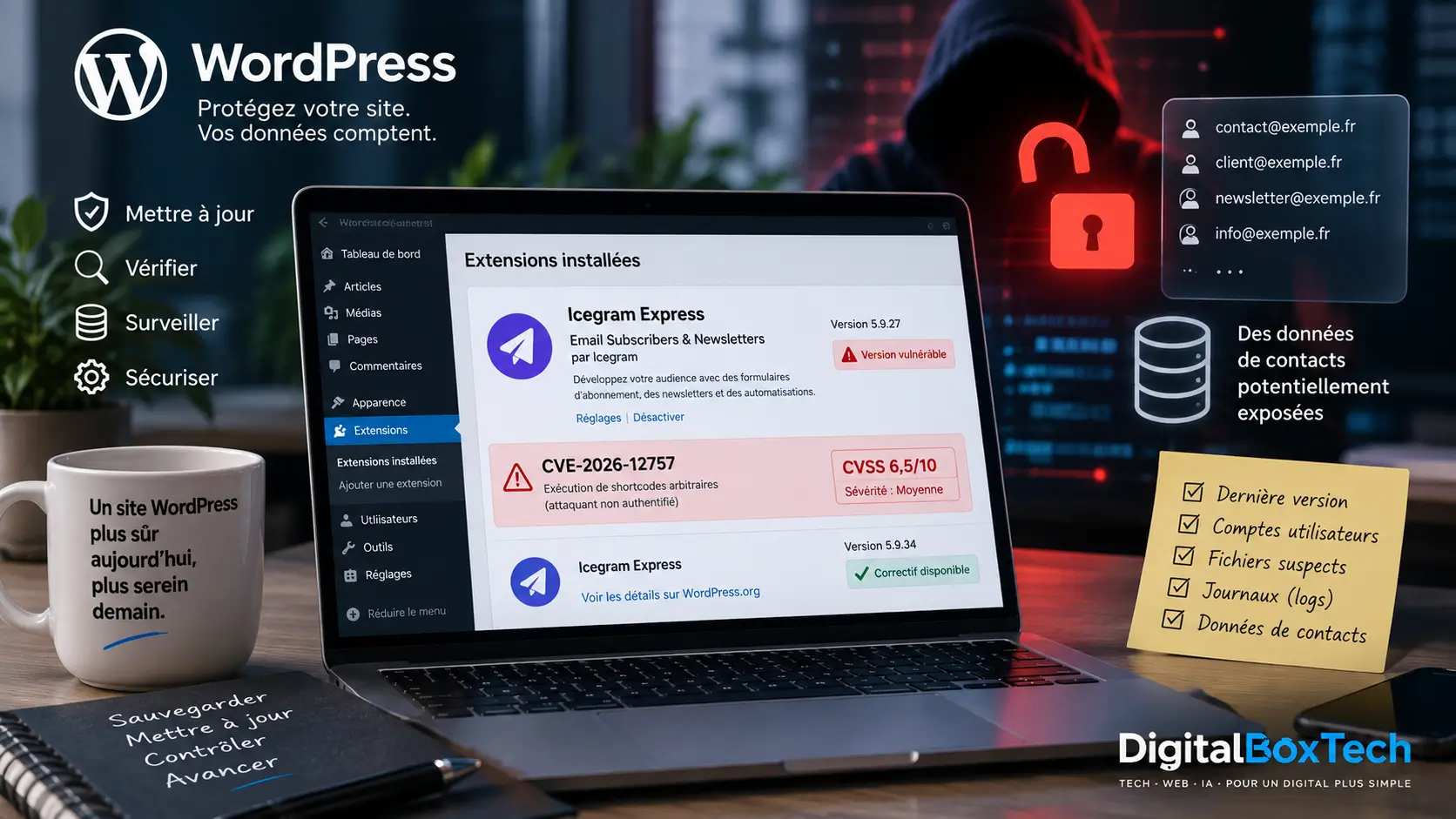 Faille Icegram Express WordPress CVE-2026-12757 et sécurité des données de contacts