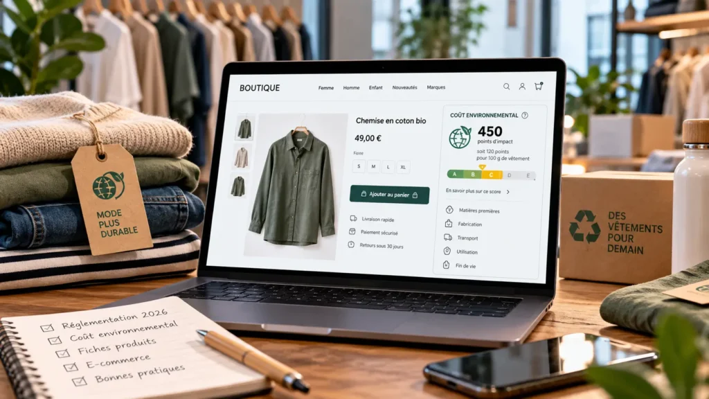 Affichage environnemental textile 2026 : boutique e-commerce de vêtements avec ordinateur présentant une fiche produit et son coût environnemental.