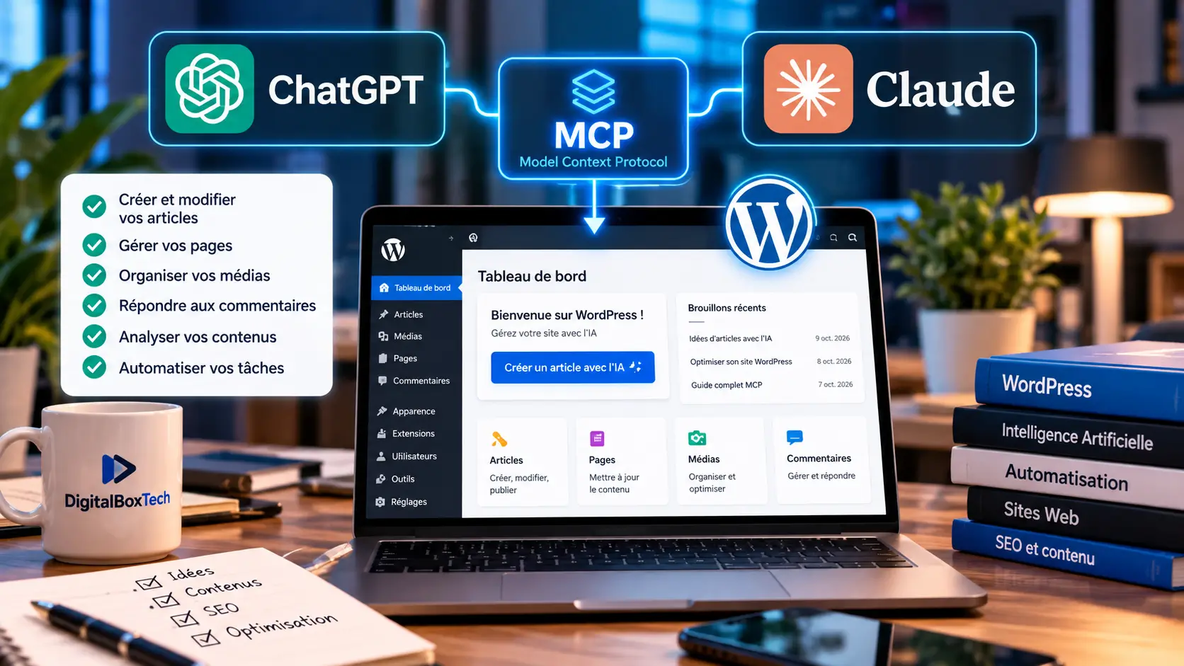 Connecter ChatGPT à WordPress avec Claude et le protocole MCP pour gérer les articles, les pages et automatiser les tâches.