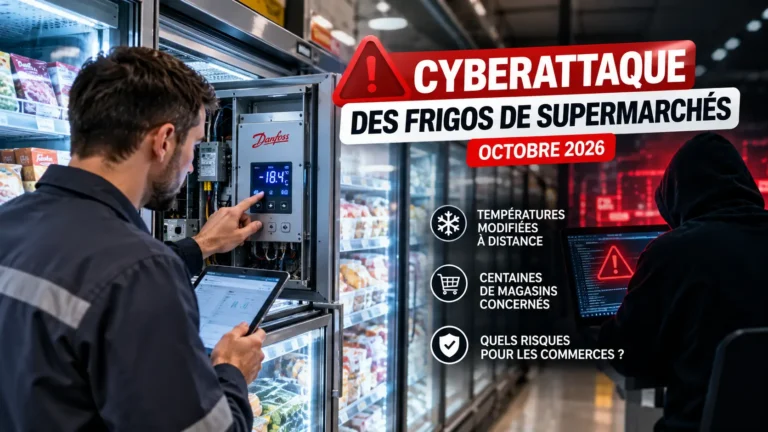 Cyberattaque frigos supermarchés : technicien contrôlant un système frigorifique connecté face à une représentation de pirate informatique, octobre 2026.