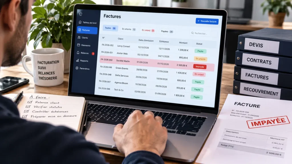 Facturation électronique et impayés : entrepreneur consultant les statuts et échéances de ses factures sur un tableau de bord numérique.