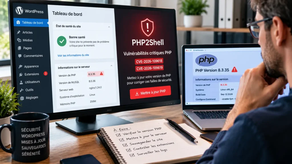 Faille PHP WordPress PHP2Shell : administrateur vérifiant la version PHP et les correctifs de sécurité de son site.