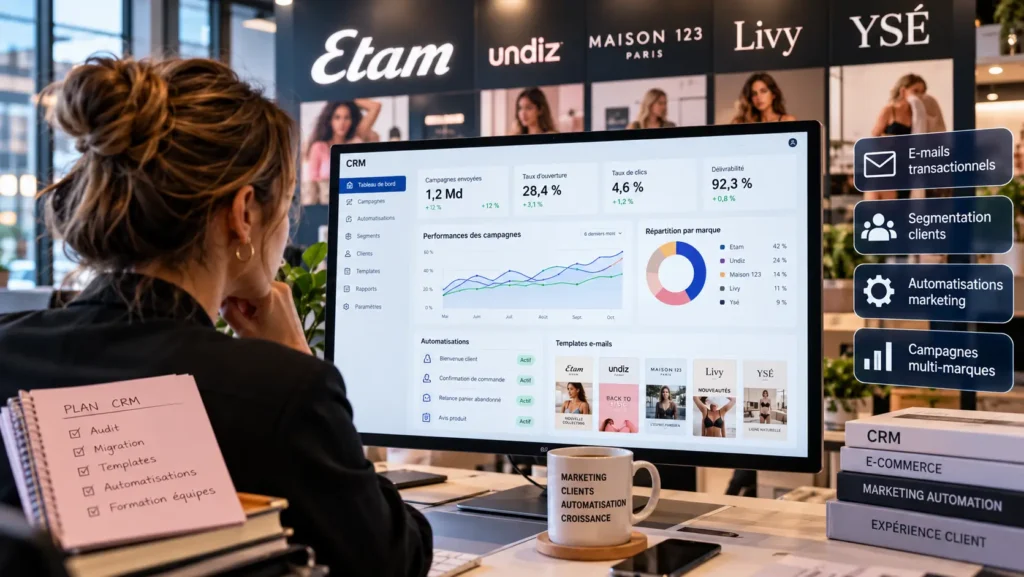 Migration CRM e-commerce : responsable marketing consultant un tableau de bord CRM unifié pour gérer les campagnes et automatisations.