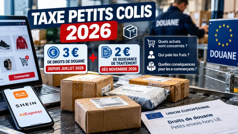 Taxe petits colis 2026 : colis e-commerce importés hors Union européenne et illustration des nouveaux frais de douane.