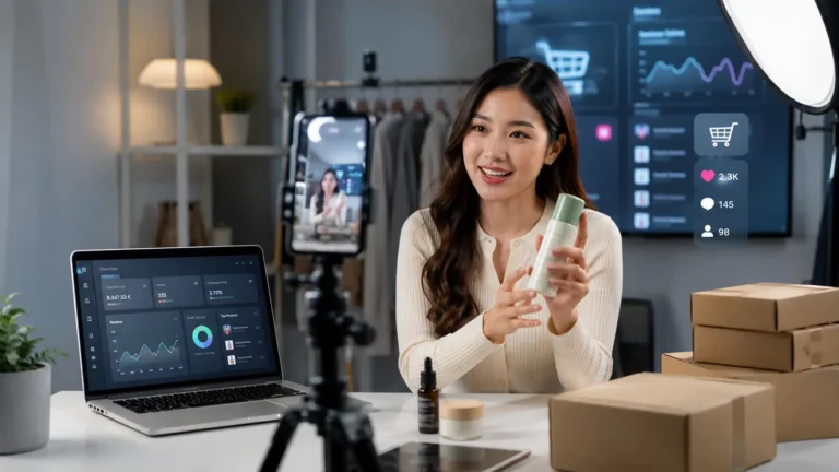 Live shopping affiliation avec créatrice présentant un produit en direct sur les réseaux sociaux