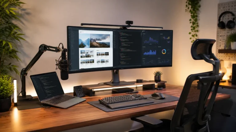 Setup bureau freelance avec écran, ordinateur, clavier, souris et éclairage