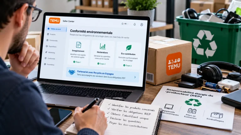 Obligations recyclage Temu : vendeur en ligne consultant ses démarches REP pour les appareils électroniques et les batteries.