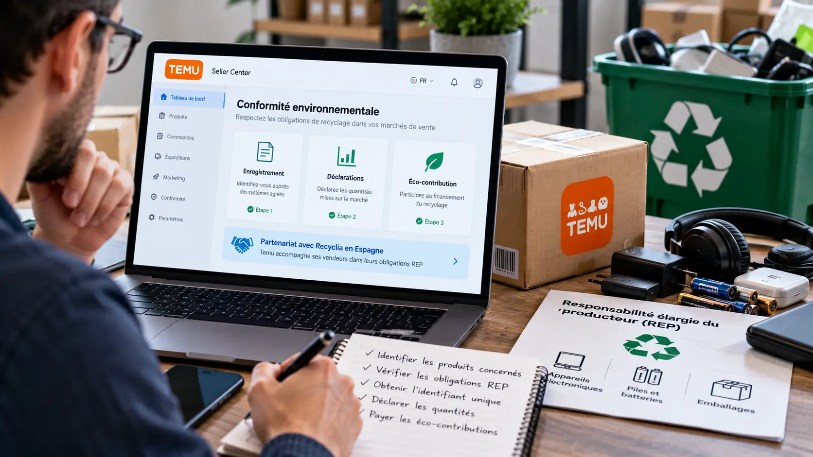 Obligations recyclage Temu : vendeur en ligne consultant ses démarches REP pour les appareils électroniques et les batteries.